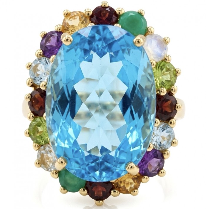 The Ocean Empress 55.8 carat Swiss Blue Topaz 22K Gold over .925 Sterling Silver dipped in rhodium handcrafted ring size 8 - Close-up of Ocean Empress ring, 55.8 carat Swiss Blue Topaz, 22K gold.
