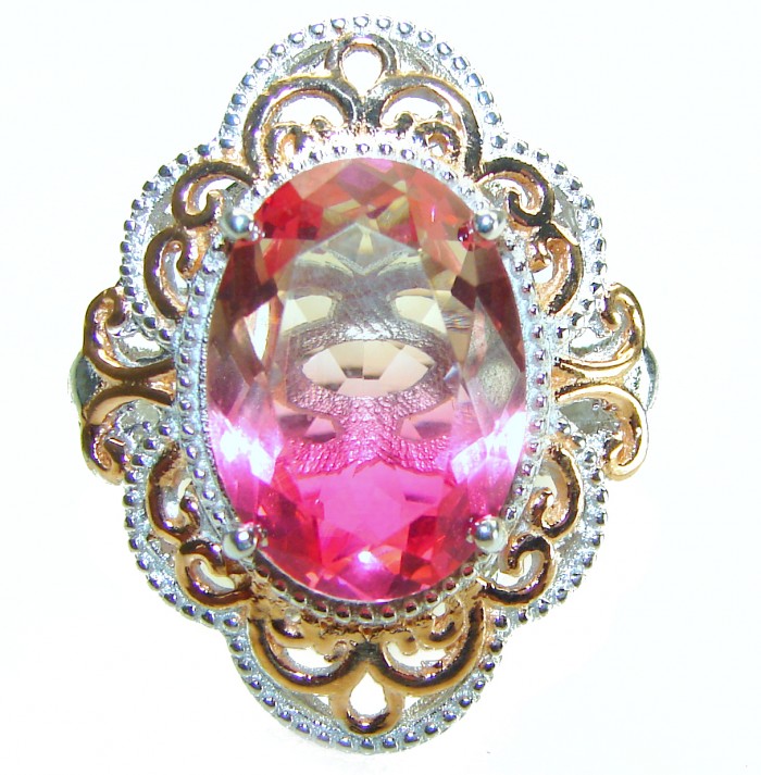 Magnificent 11.2 carat oval cut Pink Tourmaline 2 tones .925 Silver handcrafted Cocktail Ring s. 6 3/4 - photo 2