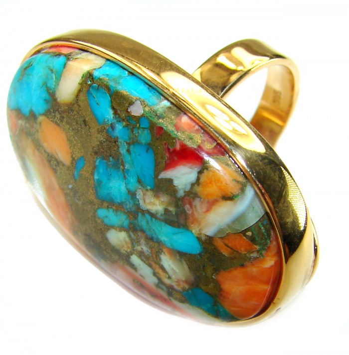 Rare 31.5 carat Oyster Turquoise 18K Gold over .925 Sterling Silver handcrafted Large ring; s. 8 adjustable - Side view of 31.5 carat Oyster Turquoise ring in gold and sterling silver.