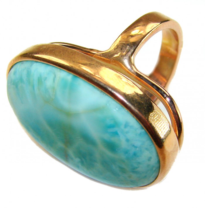 Blue Perfection - Blue Larimar 18K Gold over .925 Sterling Silver handmade Large ring size 7 adjustable - Larimar ring close-up, 18K gold over .925 sterling silver setting.