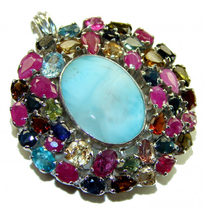 One of a kind Genuine 38.5 carat Larimar Tourmaline .925 Sterling Silver handmade Pendant - Brooch - Oval Larimar pendant with colorful gemstones, top view.