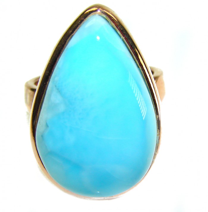 Blue Perfection AAAA QUALITY Blue Larimar 18K Gold over .925 Sterling Silver handmade Large ring size 8 adjustable - Close-up of blue Larimar ring set in 18K gold.