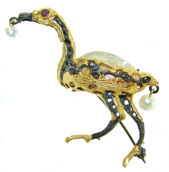 Colorful Precious Heron Natural Sea Shell 2 tones .925 Sterling Silver Brooch - Side view of colorful heron brooch with natural sea shell and pearls.