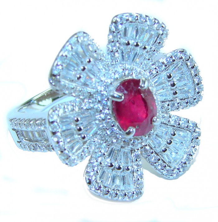 Art Deco * Natural 3.9 carat Ruby .925 Sterling Silver handmade Statement Ring size 6 1/4 - Flower-shaped ruby and diamond ring close-up.