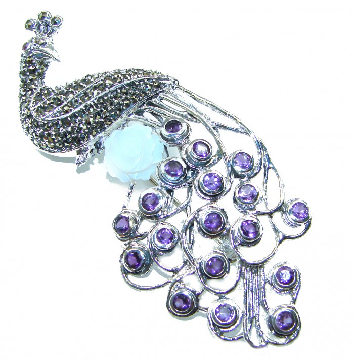 Huge Natural 8.9 carat Amethyst Greaceful Peacock .925 Sterling Silver Large Brooch - Peacock brooch with amethyst stones, top view, intricate detail.