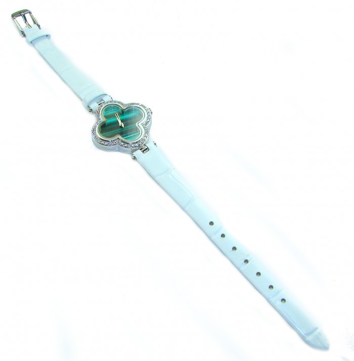 Precious 18.5 carat Authentic Four Leaf Clover Onyx Genuine Leather strap .925 Sterling Silver handmade Watch - Top view of four-leaf clover watch with onyx face and white strap