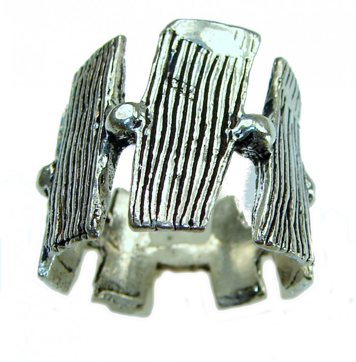 Mantra Large and Solid Bali made .925 Sterling Silver ring size 6 1/2 - Front angle view of large Bali-made sterling silver ring with textured design.