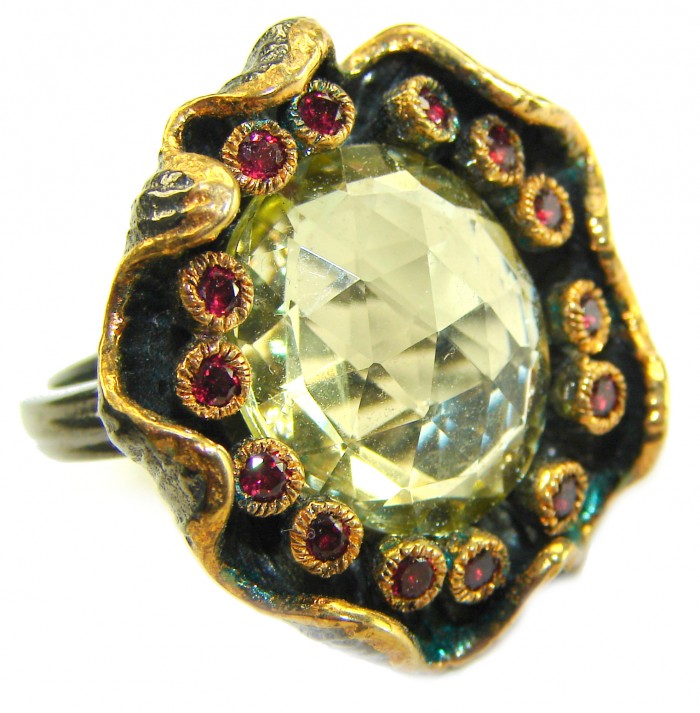 Real Treasure 10.5 carat Citrine .925 Sterling Silver dipped in Black rhodium Handcrafted Huge Ring size 6 - Close-up of a Real Treasure 10.5 carat Citrine ring with red accents.