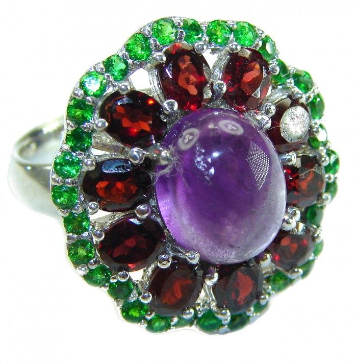 Lavender Beauty authentic 8.2 carat Amethyst .925 Sterling Silver Handcrafted Ring size 8 1/4 - Amethyst ring close-up with red and green gemstone accents