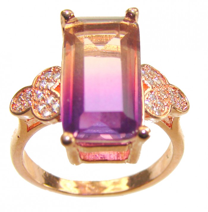 Tiffany baquette cut 10.5 carat Ametrine 18K Rose Gold over .925 Sterling Silver handmade Ring s. 6 1/2 - Close-up of Tiffany baguette-cut ametrine ring in 18K rose gold.