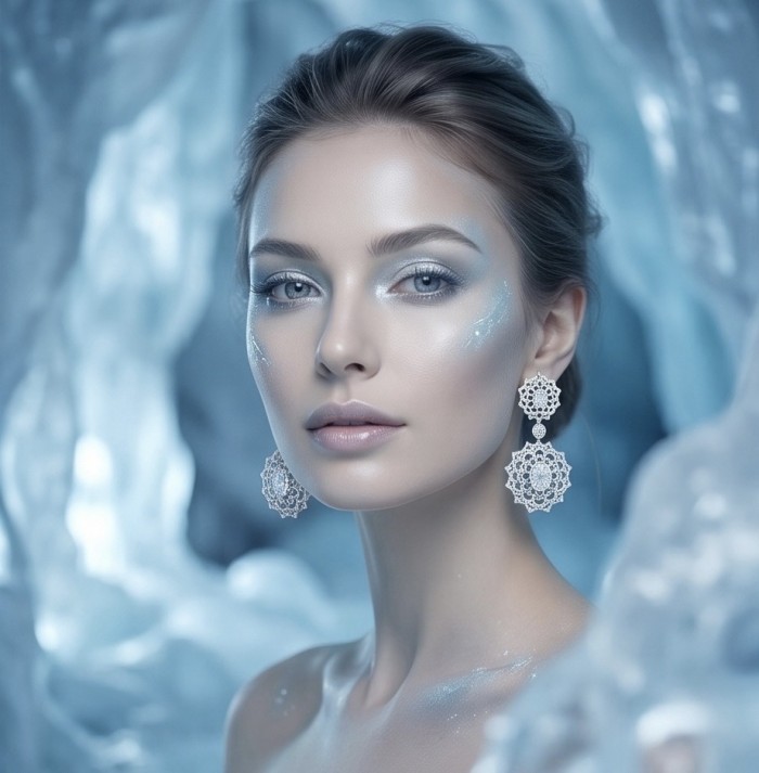 Elizabeth Natural 8.2 carat White Topaz .925 Sterling Silver handcrafted earrings - Model wearing Elizabeth 8.2 carat White Topaz earrings in icy setting