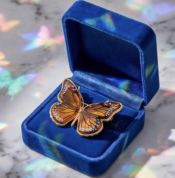 Golden Butterfly Authentic carved Baltic Amber 18K Gold over .925 Sterling Silver handcrafted pendant - Golden butterfly brooch in blue velvet box, top view, rainbow reflections