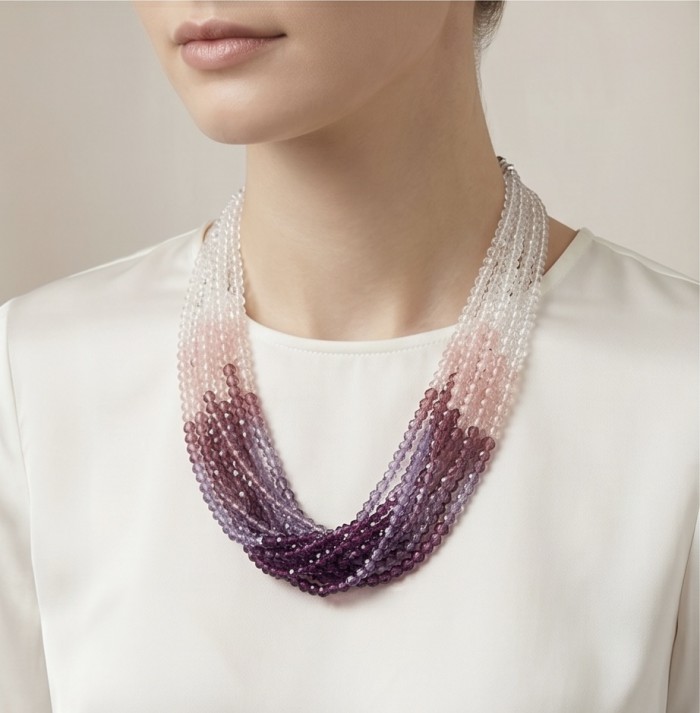 Purple CASCADE Authentic Mountain Crystal .925 Sterling Silver handmade Necklace - Model wearing Purple CASCADE mountain crystal necklace, front view.