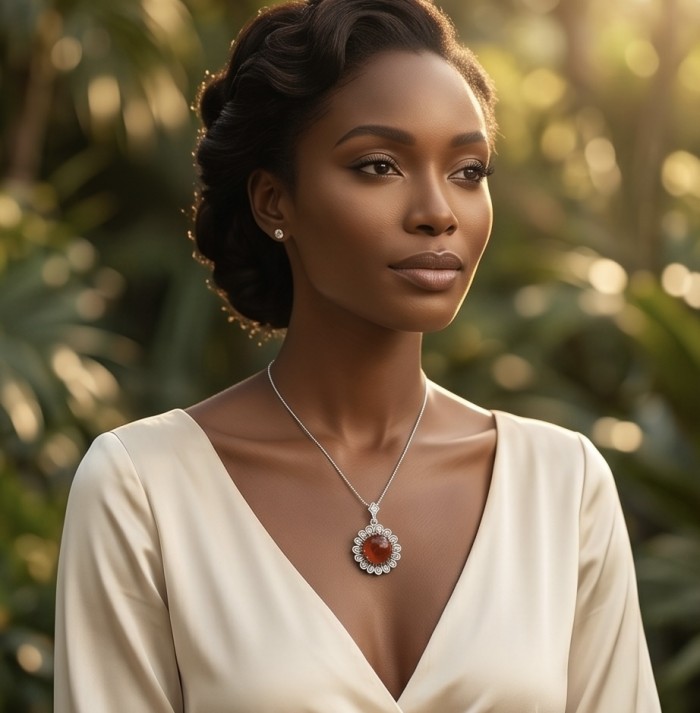 Incredible round cut 8.8 carat Mozambique Ruby .925 Sterling Silver handcrafted pendant - Woman wearing an 8.8 carat Mozambique Ruby necklace, elegant setting.