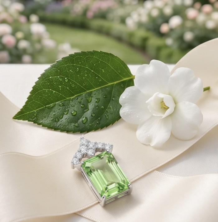 Green Ivy 12.9 carat Lemon Quartz .925 Sterling Silver dipped in rhodium handcrafted pendant - Lemon Quartz pendant on ribbon with white flower, leaf backdrop.