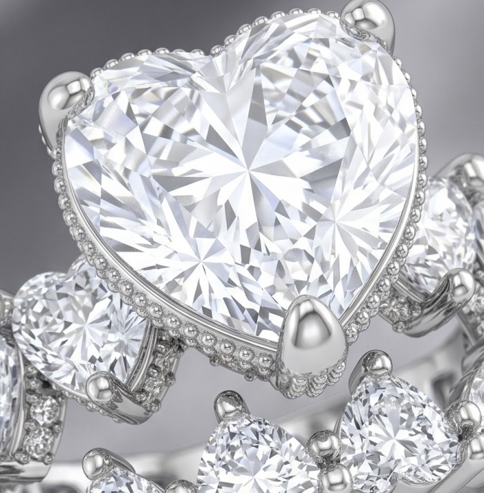 Pure Love Spectacular 20.9 carat White Topaz .925 Sterling Silver stacking ring size 8 - Close-up of heart-shaped white topaz ring in sterling silver.