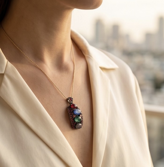Stella 17.5 carat Brazilian Watermalon Tourmaline black rhodium over .925 Sterling Silver handmade Pendant - Necklace with Stella 17.5ct Tourmaline, worn, close-up view.