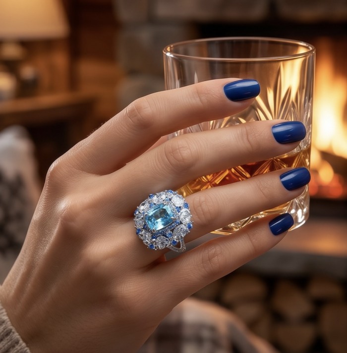Mademoiselle - 24.5 carat natural Swiss Blue Topaz .925 Sterling Silver dipped in Rhodium handcrafted Large Statement Ring size 9 1/4 - Hand wearing Mademoiselle ring with blue topaz by a fireplace