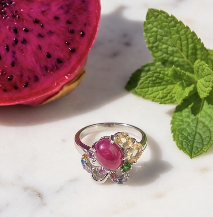 My Sweet Heart Natural 4.8 carat Mozambique Ruby .925 Sterling Silver Handcrafted Cocktail Ring s. 9 - Ring with Mozambique Ruby on marble with dragon fruit and mint background.