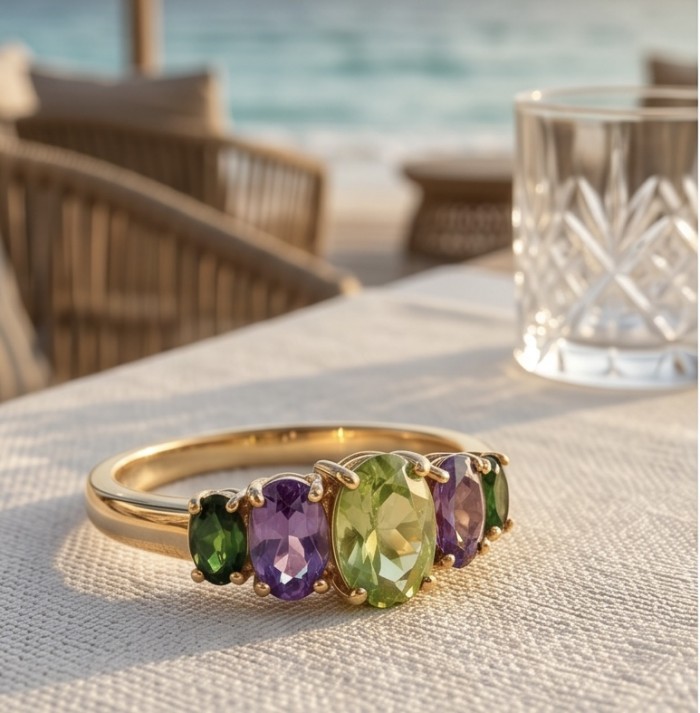 Flower 9.5 carat Multigem 18K Gold over .925 Sterling Silver Handcrafted Ring size 8 - Side view of Flower 9.5ct multigem ring in 18K gold over sterling silver
