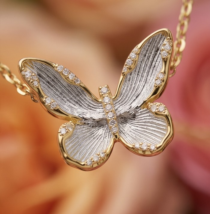 Golden Butterfly White Topaz highly polished 18K Gold over .925 Sterling Silver Italy made bracelet - Close-up of golden butterfly necklace with white topaz stones.