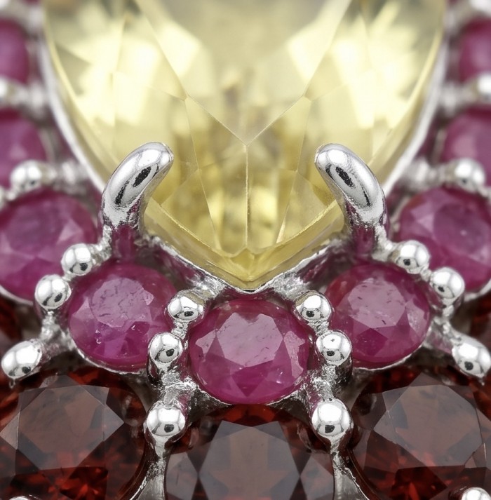 Costa del Sol 18.8 carat Citrine rhodium over .925 Sterling Silver handcrafted Statement pendant - Close-up of Costa del Sol citrine with pink and red gemstones.