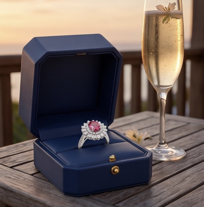 Scarlett 3.4 ctw Mozambique Ruby .925 Sterling Silver handcrafted Statement Ring size 7 1/4 - Ruby ring in box with champagne glass on table at sunset.