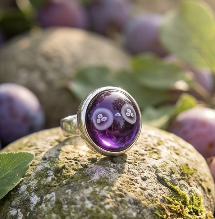 Top quality 23.5 carat Amethyst .925 Sterling Silver dipped in rhodium Handcrafted Large Ring size 7 - Amethyst ring stone close-up on mossy rock background.