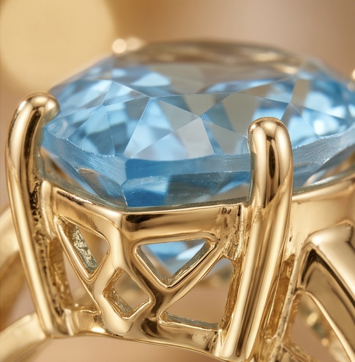 Conqueror Natural 15.8 carat Swiss Blue Topaz .925 Sterling Silver dipped in 22K Gold handmade Statement Ring size 7 - Stone close-up of Conqueror 15.8ct Swiss Blue Topaz in gold setting