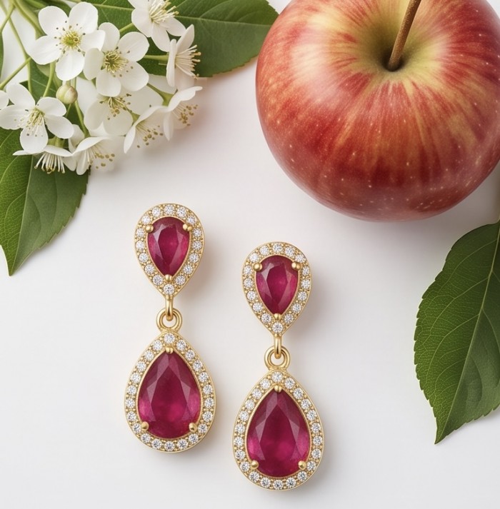 Giovanna - Magnificent Jewel 4.8 carat Mozambique Ruby 22K Gold over .925 Sterling Silver handcrafted incredible earrings - Ruby earrings with diamonds, top view, next to flowers and an apple.