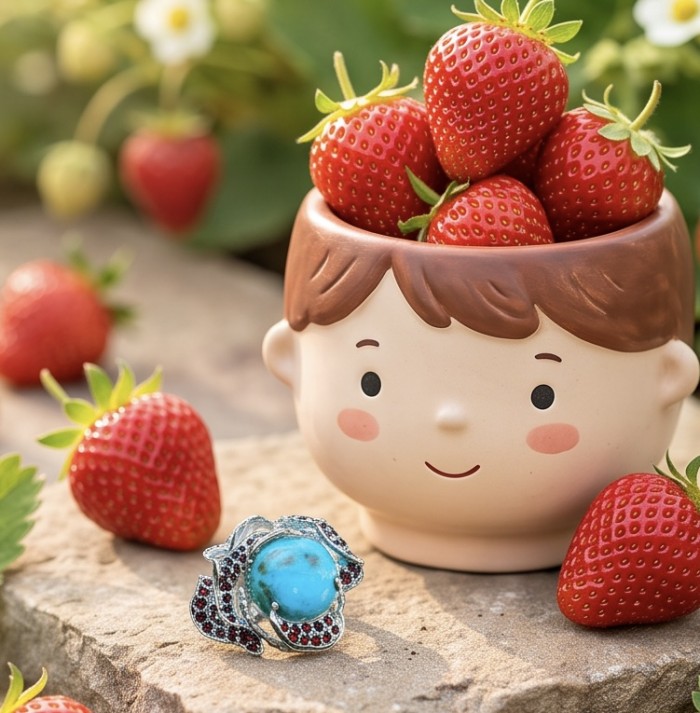 Serenity 10.4 carat real Turquoise .925 Sterling Silver handmade Statement Ring size 8 - Turquoise ring and strawberries with pot, top view on stone surface.