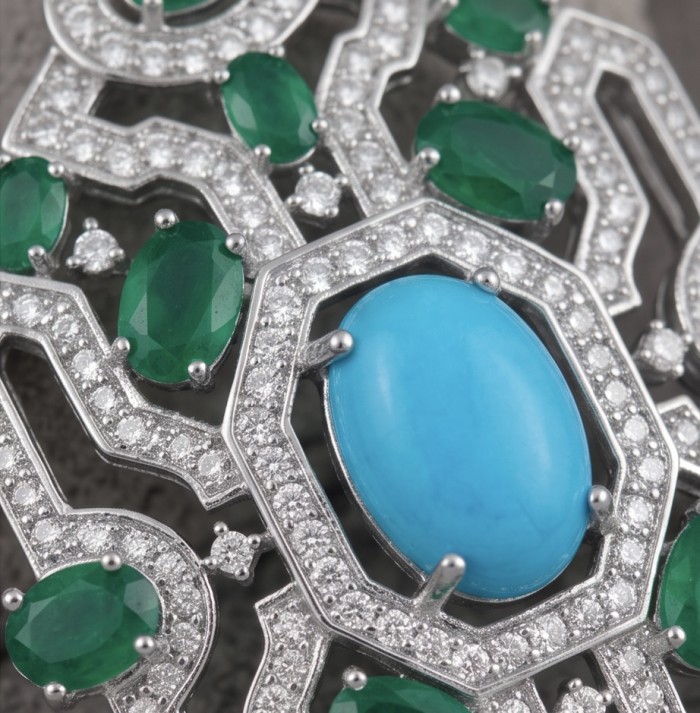 Art Deco - Pacifica - 58.8 carat Turquoise Emerald .925 Sterling Silver handmade Statement LONG Earrings - Close-up of Art Deco turquoise and emerald jewelry with diamond accents.