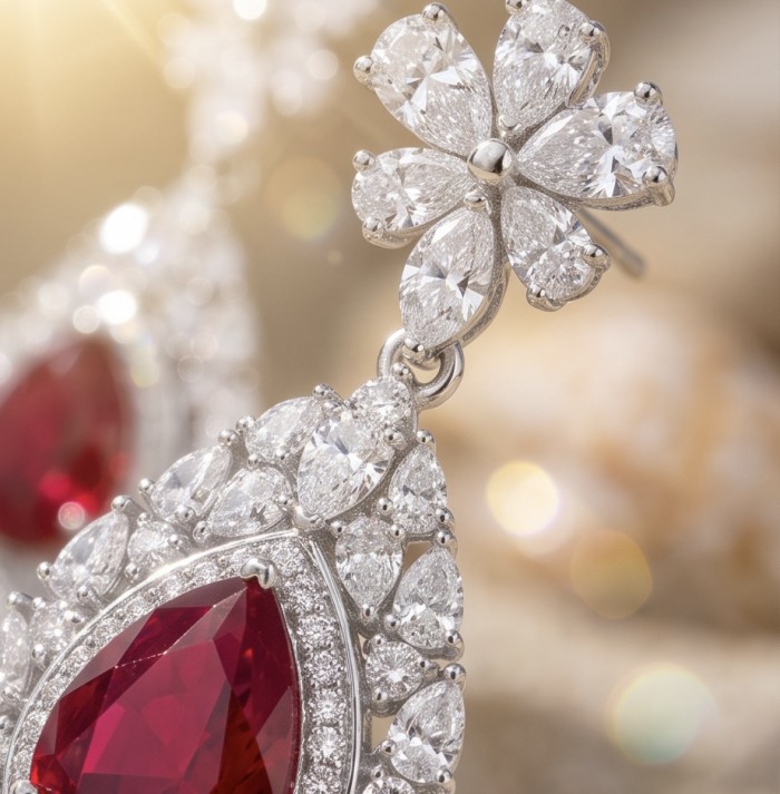 Exquisite 10.4 ctw Mozambique Ruby .925 Sterling Silver handcrafted Statement earrings - Close-up of 10.4 ctw Mozambique Ruby in .925 Sterling Silver earrings.