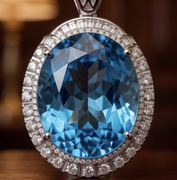 Atlantica - Oval cut 51.5 carat Vintage style Swiss Blue Topaz .925 Sterling Silver DIPPED IN RHODIUM handmade Pendant - Close-up of a vintage style Swiss Blue Topaz pendant, oval cut