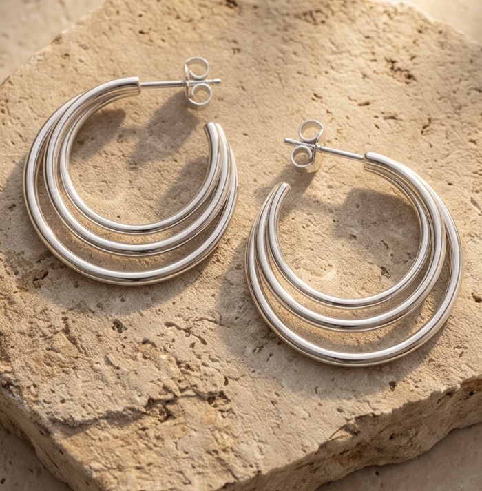 Allure Natural .925 Sterling Silver handcrafted hoop earrings - Allure Natural Sterling Silver hoops, side view on stone surface.
