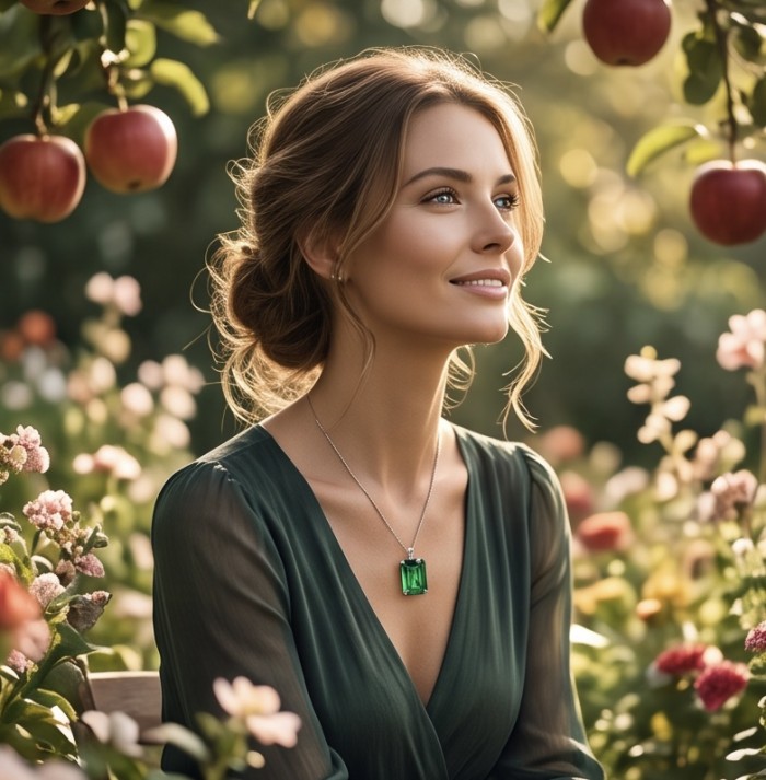 Superior quality baquette cut 35.2 carat Fresh Green Helenite .925 Sterling Silver Pendant - Model wearing Fresh Green Heleni necklace amid apple orchard background