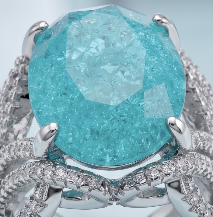 Oceania 14.5 carat Paraiba Tourmaline .925 Sterling Silver Handcrafted Ring size 7 1/2 - Close-up of Oceania Paraiba Tourmaline in sterling silver setting.