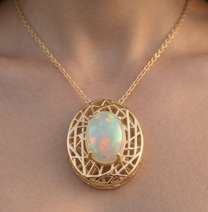 Earth Treasure Authentic 12.8 carat Golden Ethiopian Opal 22K Gold over .925 Sterling Silver handcrafted Statament Necklace - Golden Ethiopian opal pendant close-up worn around neck.