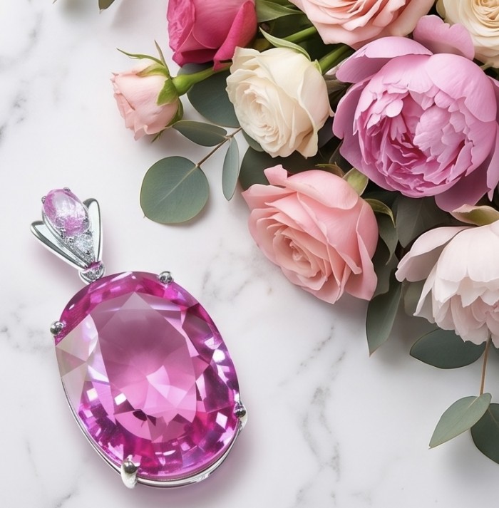 Incredible oval cut 27.8 carat Bubblegum Pink Sapphire .925 Sterling Silver handcrafted pendant - Oval cut Bubblegum Pink Sapphire pendant with roses, top view.
