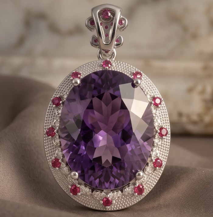 Divine Protection 22.8 carat Precious Amethyst .925 Sterling Silver dipped in rhodium handcarfted Pendant - Close-up of Divine Protection amethyst pendant with ruby accents
