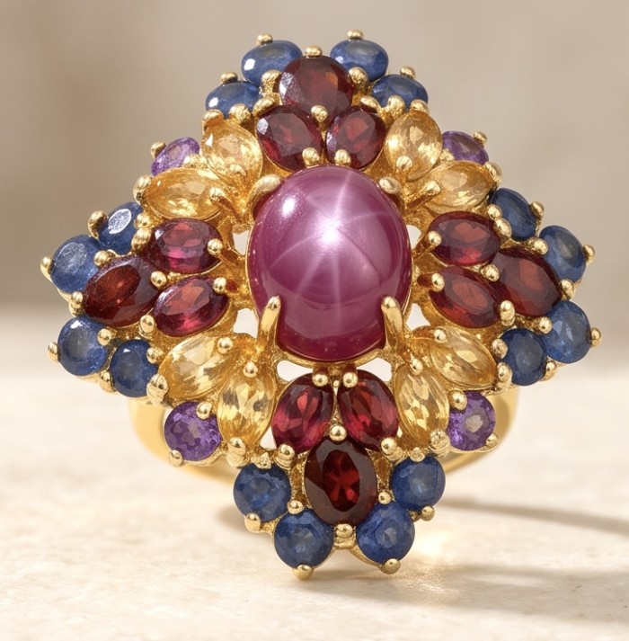 Bella Rosa Genuine 17.5 CARAT Star Ruby 22K Gold over .925 Sterling Silver Large Statement Ring size 8 - Close-up of Bella Rosa 17.5 carat star ruby ring with gold and gemstones.