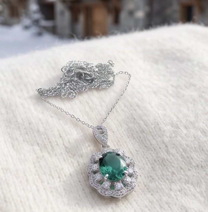 Green Rose - Vintage style - 9.5 carat authentic Tsavorite Garnet .925 Sterling Silver handcrafted necklace - Tsavorite pendant close-up on fabric background.