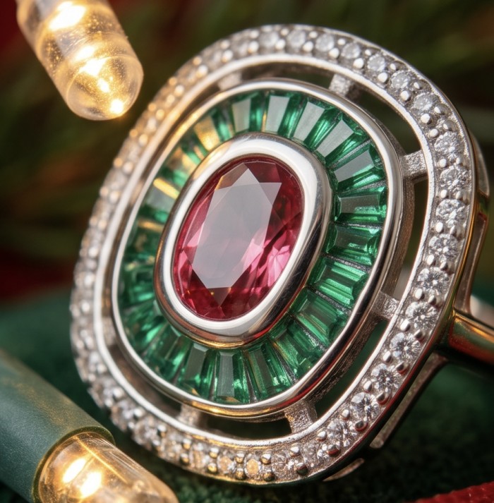 Art Deco 8.6 ctw Ruby Rhodium plated .925 Sterling Silver handcrafted Statement Ring size 8 - Close-up of Art Deco ring with ruby and green accents, holiday lights nearby.