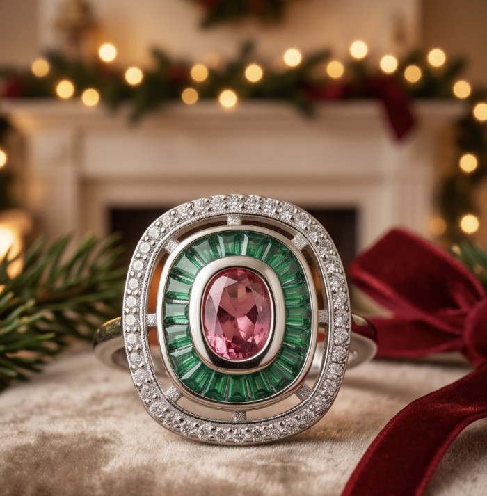 Art Deco 8.6 ctw Ruby Rhodium plated .925 Sterling Silver handcrafted Statement Ring size 8 - Close-up of Art Deco ruby ring surrounded by emerald and diamonds.