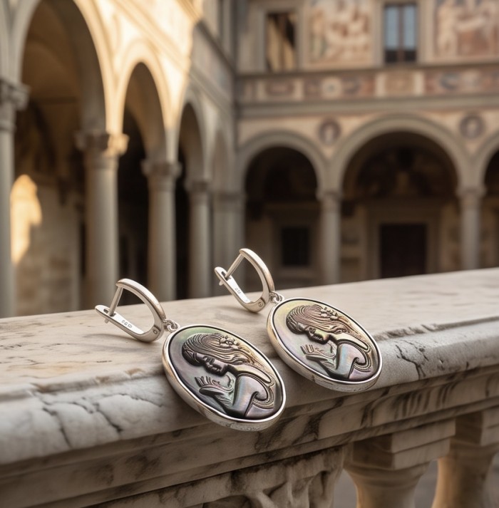 Vintage design Genuine Cameo Rainbow Abalone .925 Sterling Silver handcrafted Large Statement Earrings - Side view of cameo earrings on marble railing in courtyard setting.