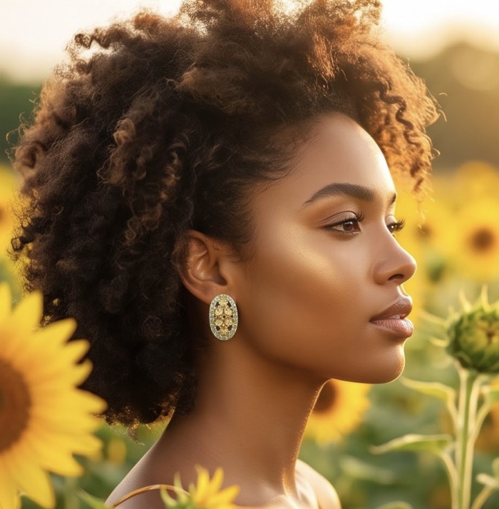 Giovanna - Authentic 12.9 carat Brazilian Citrine .925 Sterling Silver dipped in rhodium handcrafted earrings - Side view of woman wearing Giovanna Brazilian Citrine earrings.