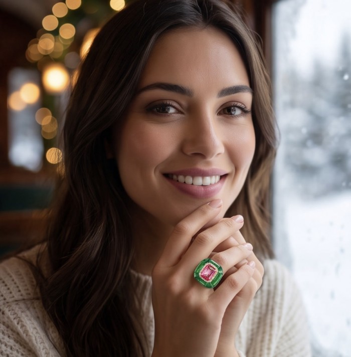 Candy Store - Modern Design Natural Green Raisin Pink Topaz .925 Sterling Silver ring size 8 - Woman wearing green and pink topaz ring, close-up of hand and ring.