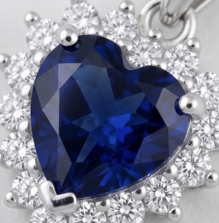Vintage Beauty 0.7 carat Sapphire Rhodium over .925 Sterling Silver handcrafted pendant - Close-up of a heart-shaped sapphire pendant with diamond accents.