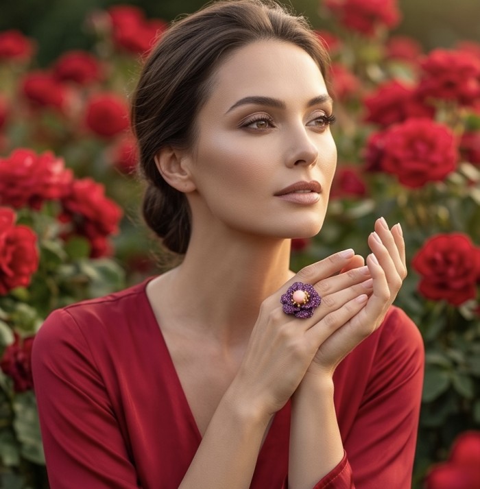 Rose Authentic 4.2.5 carat Pin Opal 7.9 carat pave Kasmir Ruby .925 Sterling Silver brilliantly dipped in black rhodium 2 tones handcrafted Statement ring; s. 6 - Woman wearing Rose Authentic ring in garden with red roses.