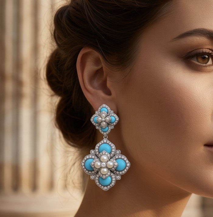 Pacifica - 9.8 carat SLEEPING BEAUTY Turquoise Rhodium over .925 Sterling Silver handmade Statement Earrings - Earrings close-up; Pacifica turquoise and pearl with rhodium detail.